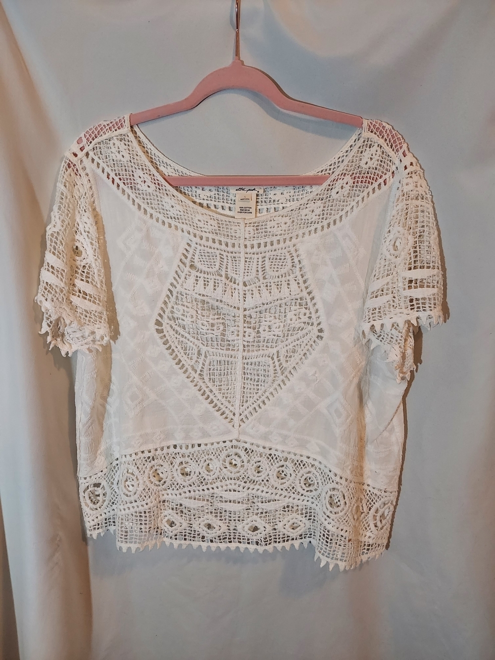 Ultra Pink White Crochet Lace Boho Blouse Short Sleeve Cream L